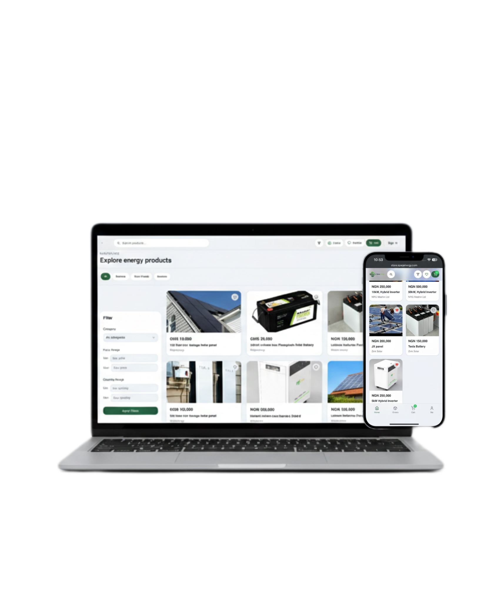 SpaqEnergy renewable energy marketplace showing solar panels, batteries and inverters for sale across Africa