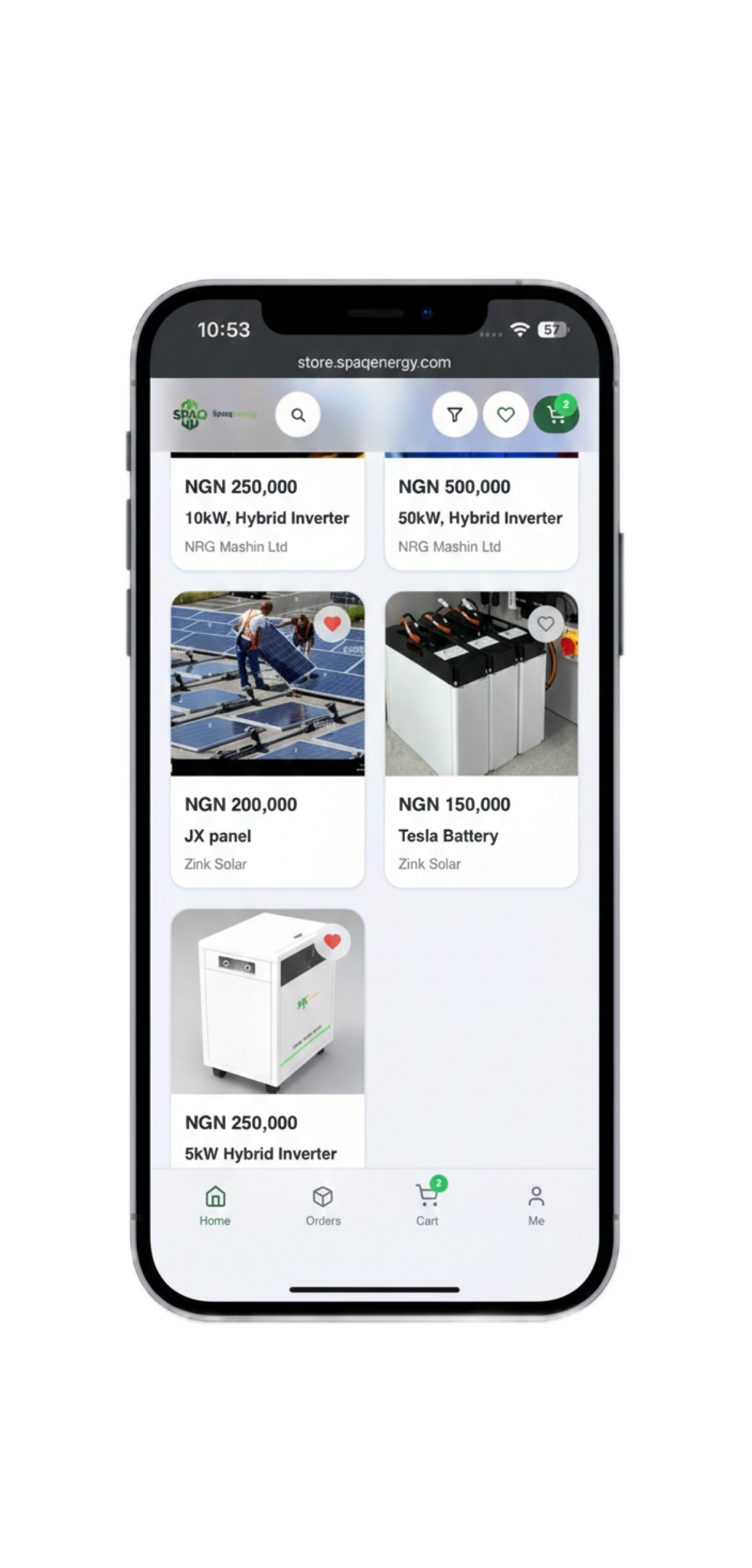 SpaqEnergy mobile app for browsing solar panels and renewable energy products in Africa